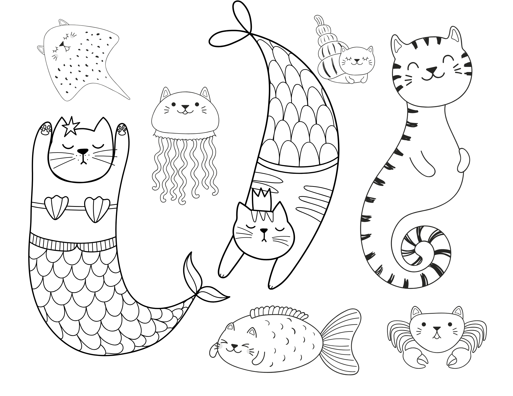 Mermaid Cats Colouring Sheet