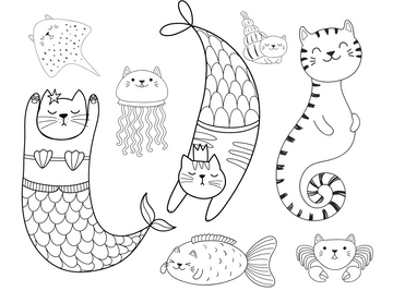 Mermaid Cats Colouring Sheet