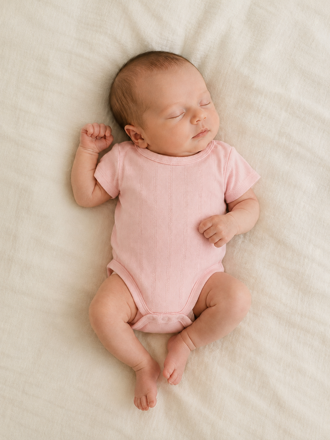 A sleeping newborn baby wearing a light pink short-sleeve ribbed bodysuit, lying on a textured cream-colored blanket.